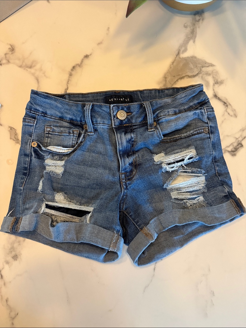 Aeropostale Distressed Rolled-Hem Blue Denim Shorts